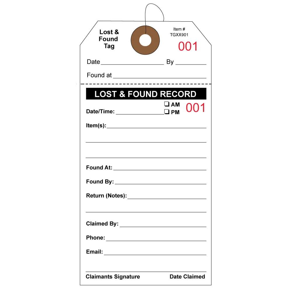 Lost and Found Tags with Knotted or elastic String Attached. - AMS Printing