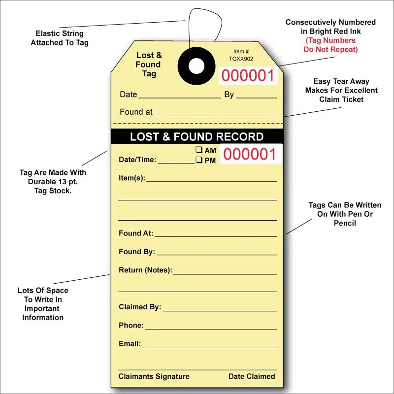Lost and Found Tags with Knotted or elastic String Attached. - AMS Printing